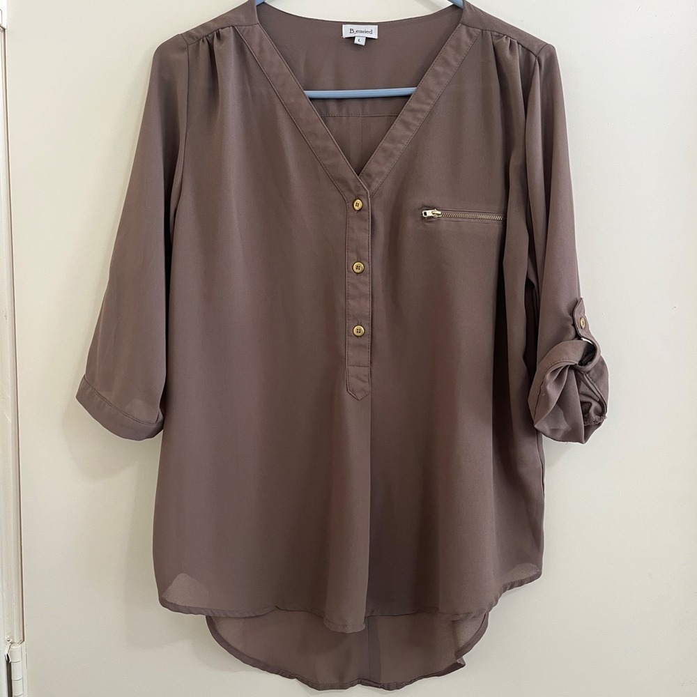 Women Chiffon Top L Taupe Sheer Henley Roll Tab Sleeve High Low Office Romantic